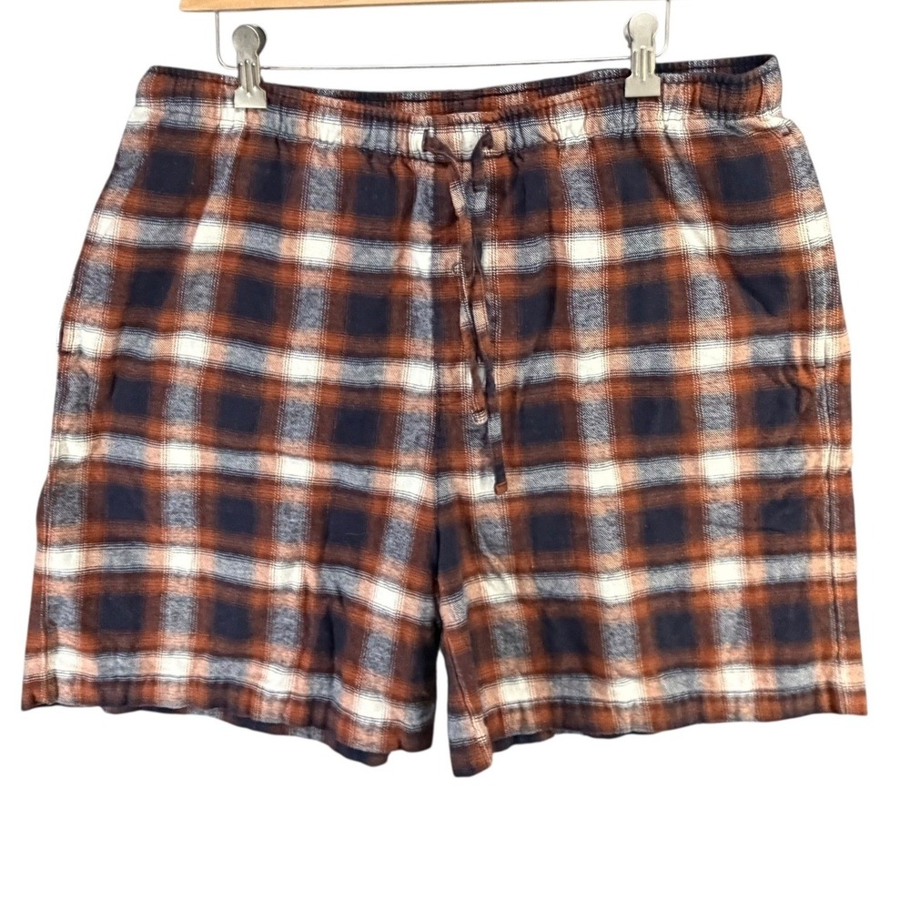 Garnet Hill Flannel Lounge Shorts Mens XL Blue Orange Plaid Pima Cotton Sleep